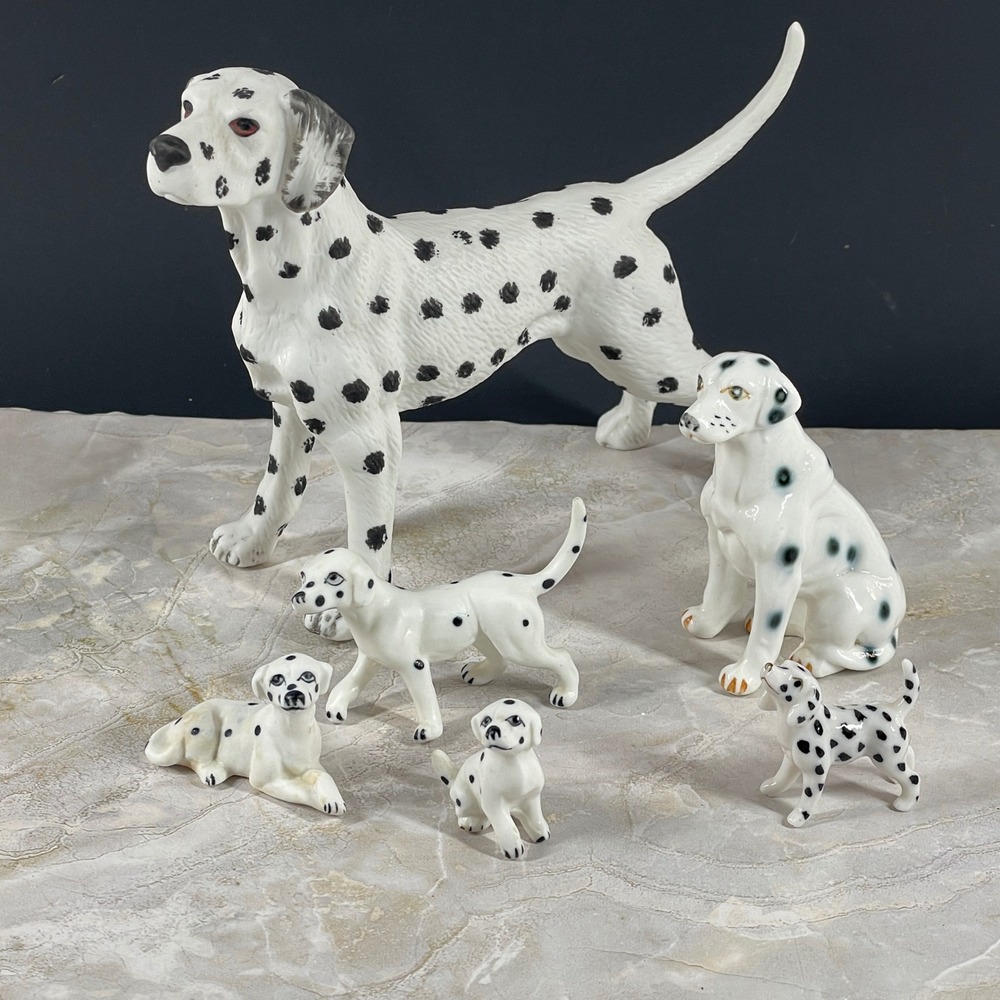 Vintage Dalmatian Dog Figurine Set of 6 Ceramic Spotted Puppy Collectible Decor